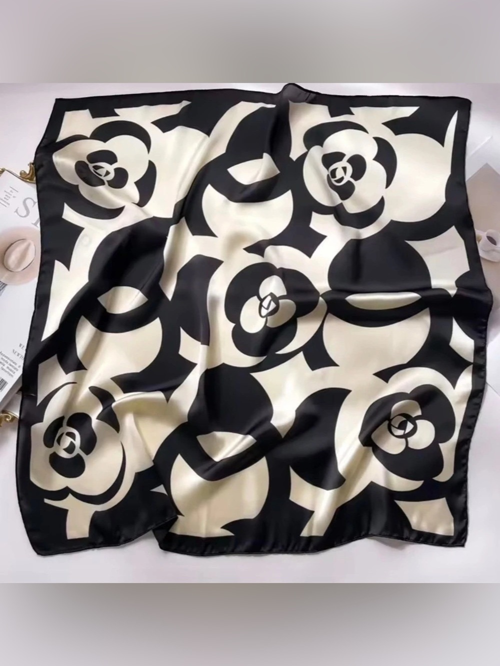 New Floral Square Scarf in Black & Cream Like New